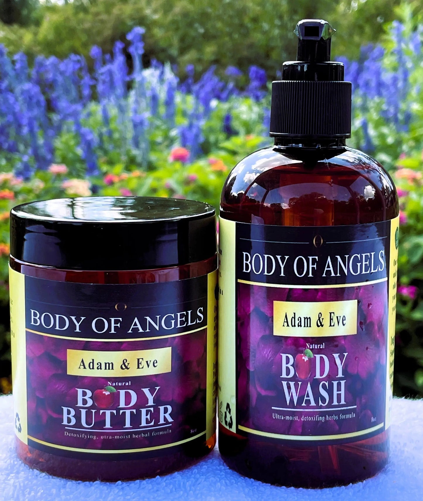 Adam & Eve Natural herbal Body Butter 8oz, Body Wash 8oz, apple scent, lavender, tea tree, jojoba oil, rosemary and many more wildcrafted herbs by Gods Way Herbs