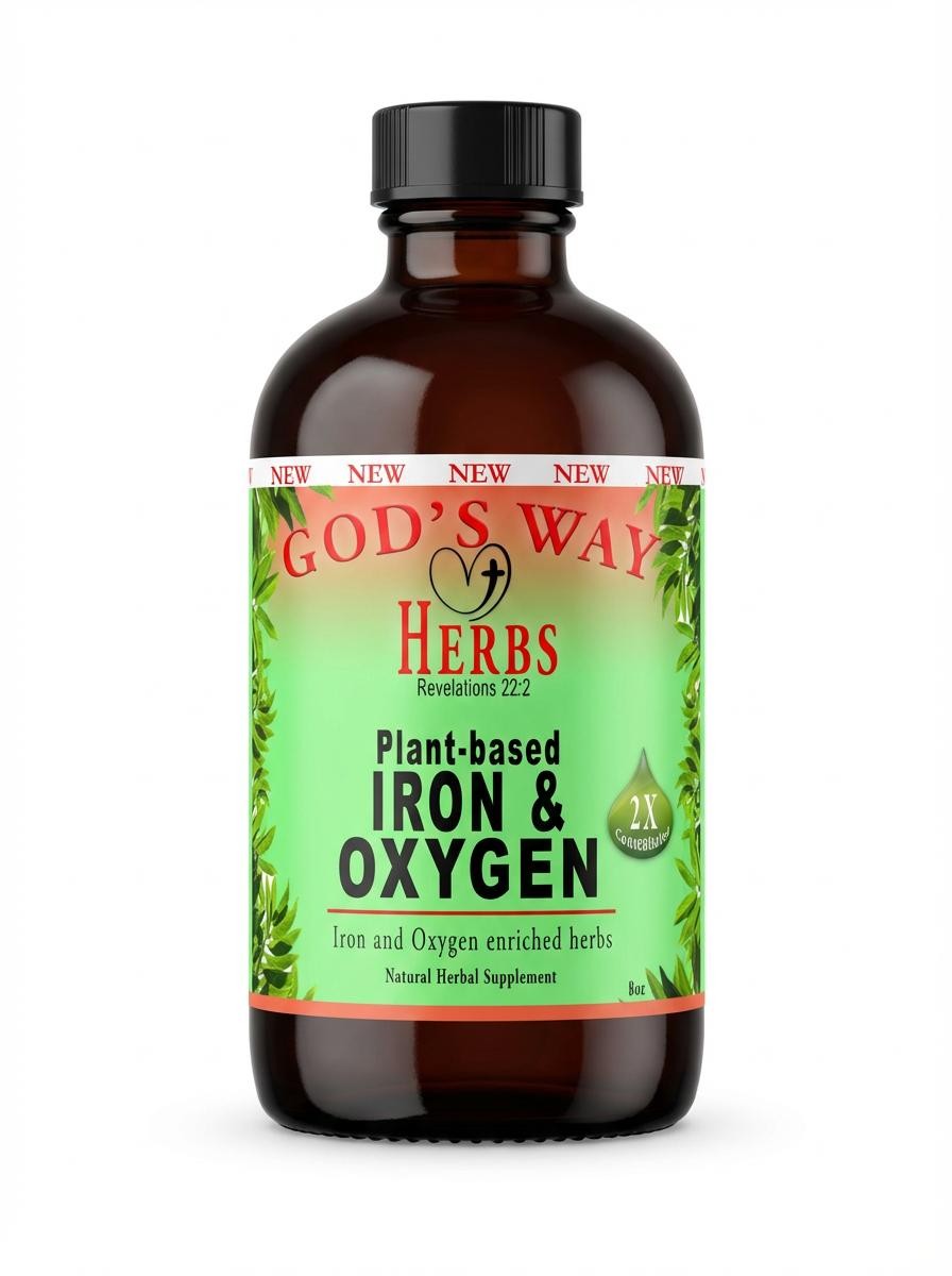 Plant-based Iron & Oxygen 8oz liquid Tonic Multi Vitamin by God's Way Herbs- Natural Herbal Supplements and tea, dr sebi green food and iron plus ingredients combined! moringa, stinging nettle, bladderwrack, chaparral, linden flowers, nopal cactus