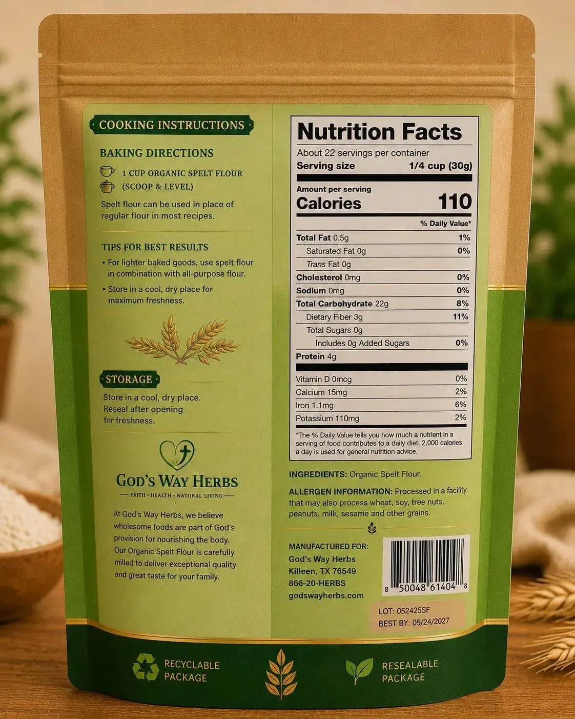 Organic Spelt Flour God's Way Herbs