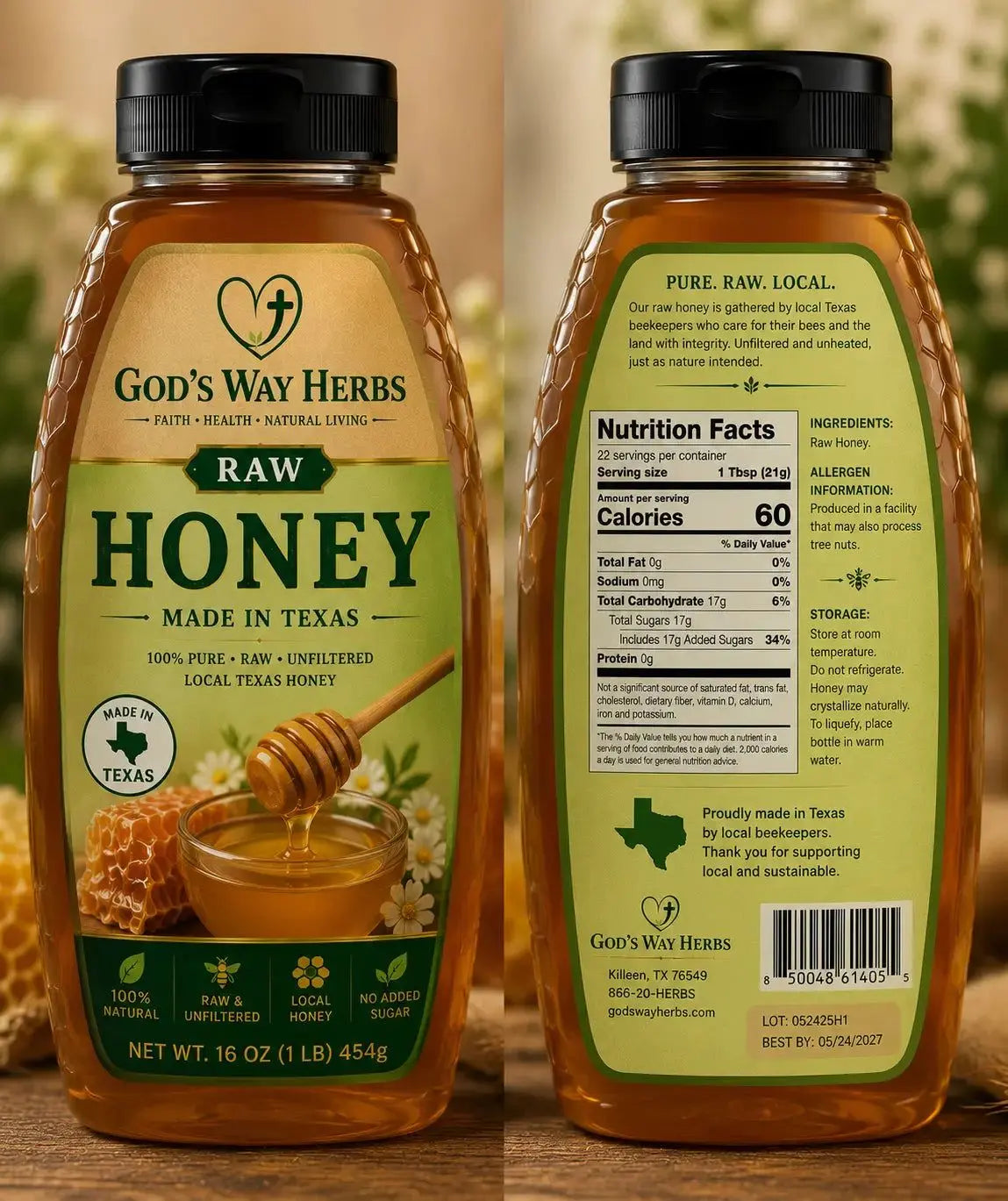 Pure Texas Raw Honey God's Way Herbs