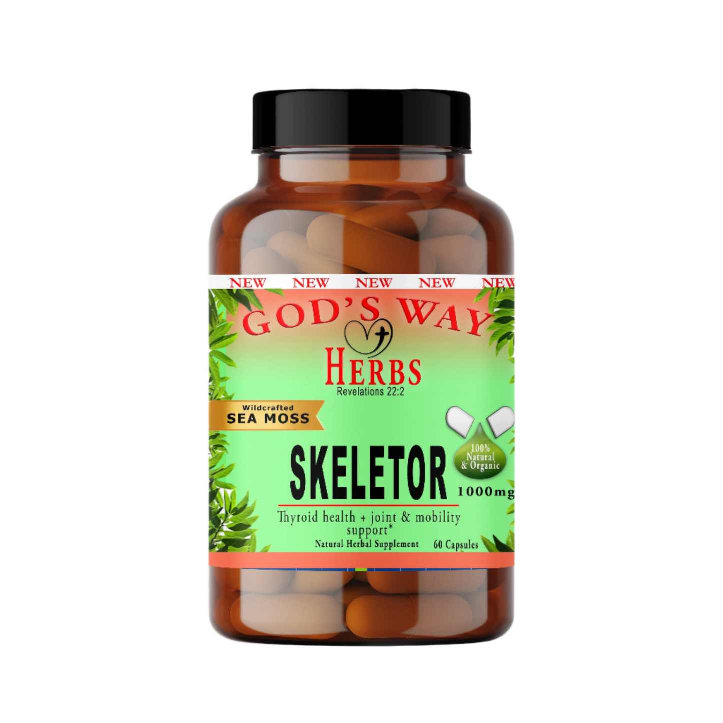 Skeletor (Joint Support) 60ct by God's Way Herbs , natural sea moss, bladderwrack, kelp, hyssop, joint, mobility, immunity, minerals