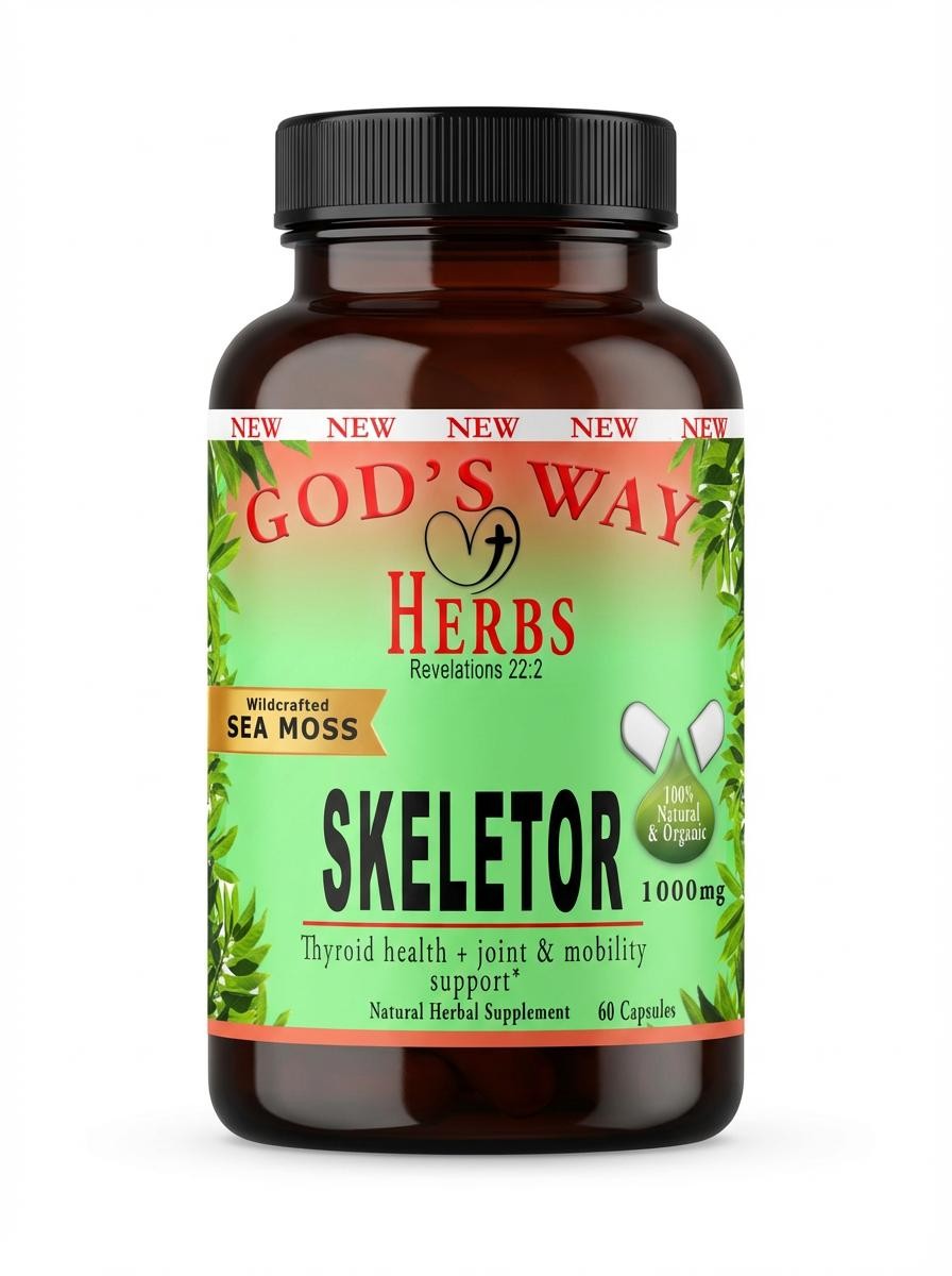 Skeletor joint and mobility support herbal supplement with seamoss, bladerwrack, kelp and hyssop. Thyroid health support