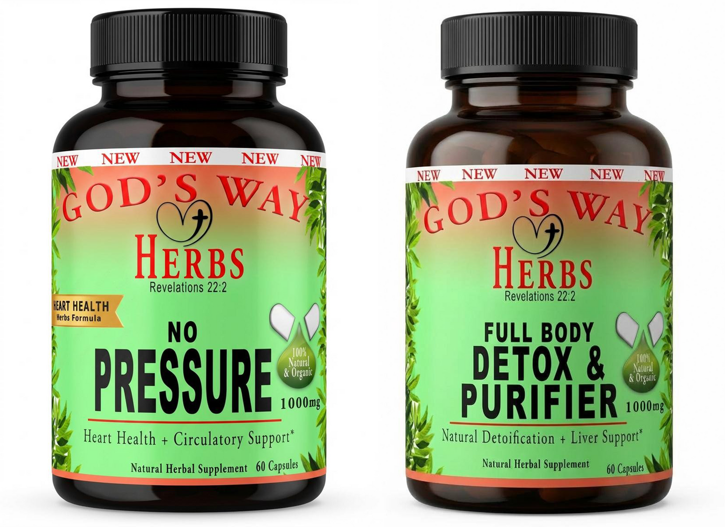 Wellness Package #1 with Full Body Detox & No Pressure natural herbal cleanse, No Pressure (60ct) natural herbal supplements, digestion, heart health, pressure, immunity by god's way herbs, dandelion root, chaparral, nopal cactus, burdock root, elderberry, yellowdock and more!