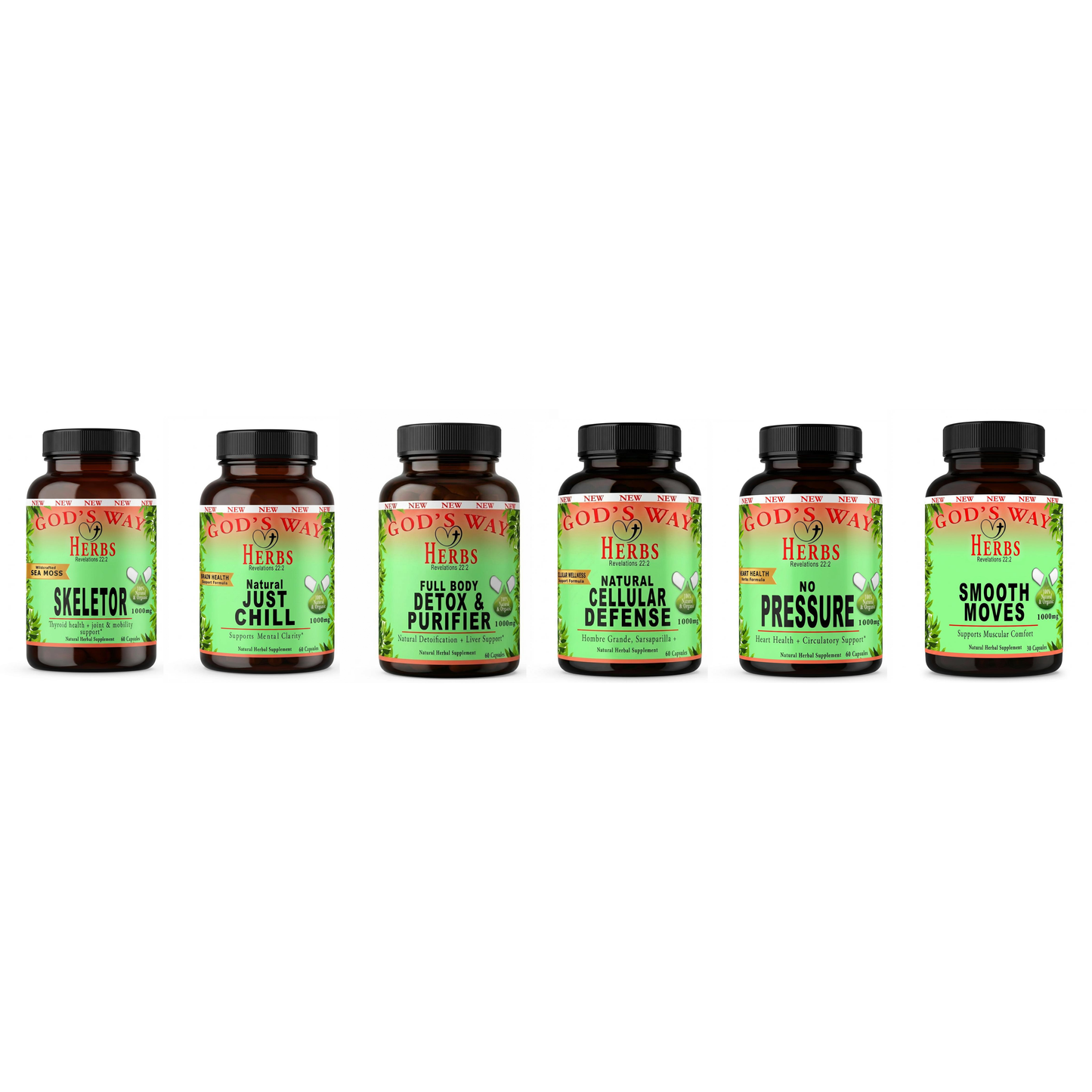 Herbal Supplements Wellness Package #3 by Gods Way Herbs includes Full Body Detox & Purifier 60ct, No Pressure 60ct heart health and digestion formula, Herbal 911 60ct promotes cellular wellness and immunity, Just Chill 60ct Calming Mood Support and Skeletor joint and mobility and thyroid health support