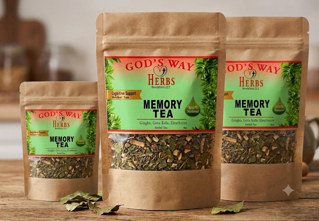 Organic Memory Tea by God's Way Herbs in standup kraft pouch.