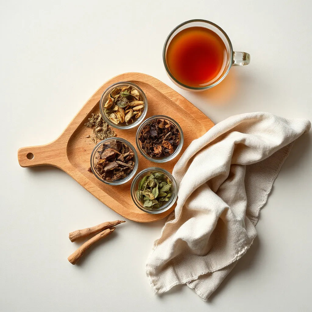 Wooden tray with dried herbal ingredients and a cup of herbal tea in soft natural light