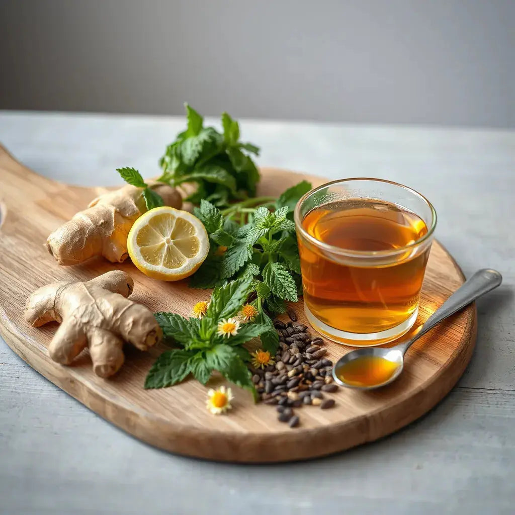 Assortment of digestive herbs and a cup of warm herbal tea on a wooden counter