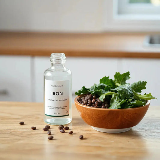 Plant-based iron supplement bottle with leafy greens and lentils on a clean wooden surface