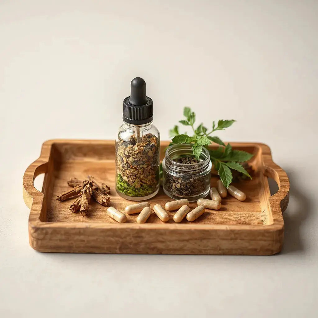 Wooden tray with herbal supplement bottles, dried herbs, fresh sprigs, and a few capsules on a light background