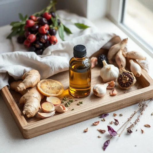 Botanical herbs and a clear glass bottle of herbal extract for immune support