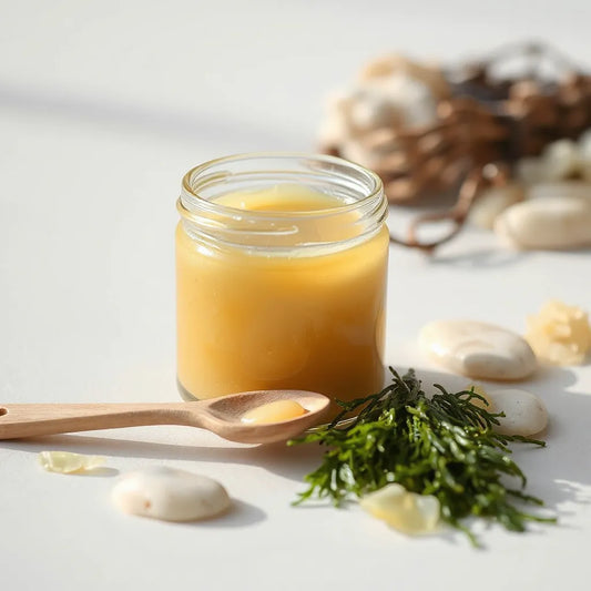 Jar of golden sea moss gel with a wooden spoon and seaweed strands on a natural stone surface