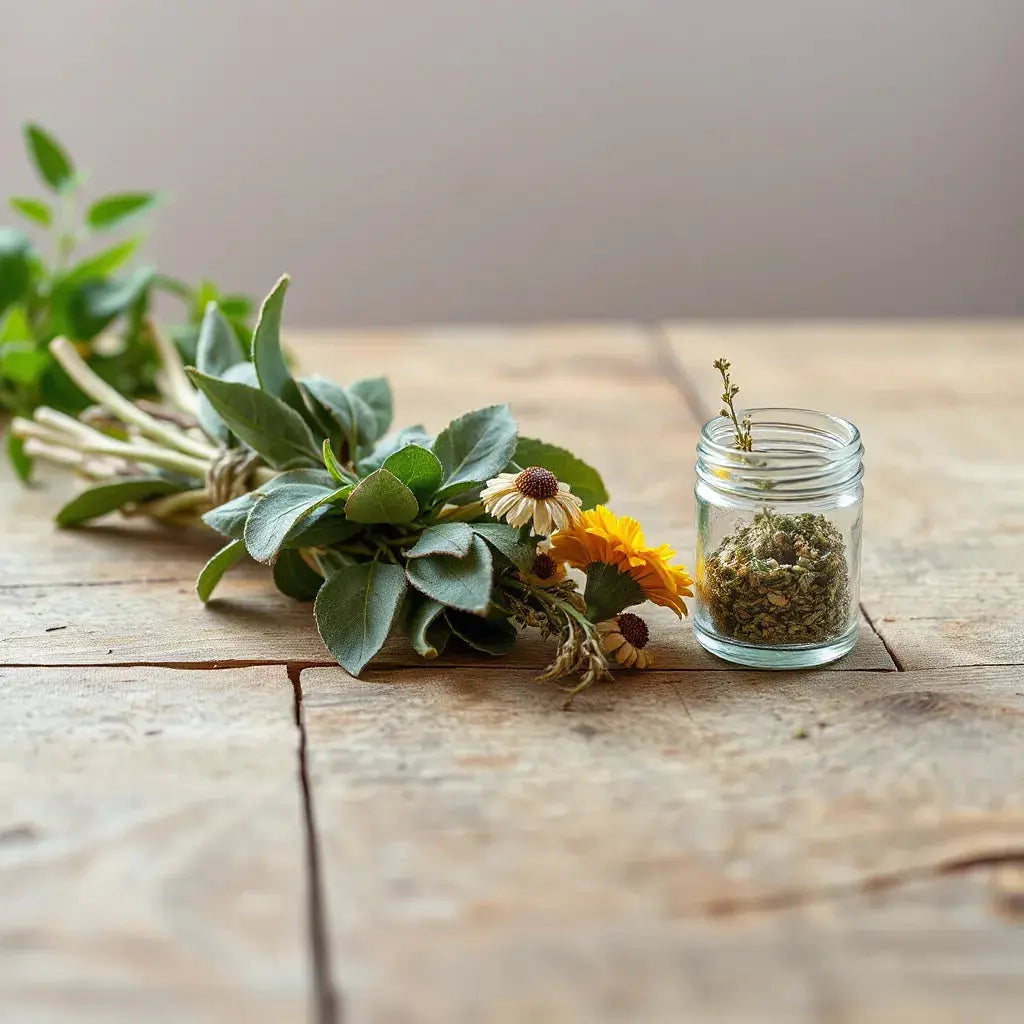 Fresh and dried wildcrafted herbs arranged on rustic wood with glass jars and natural light