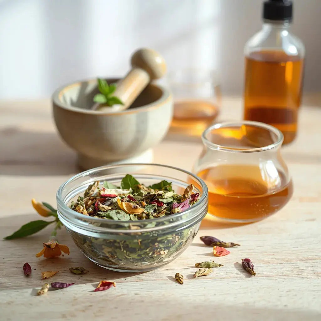 Mixed dried herbs and a mortar and pestle suggesting a heart-focused herbal formula