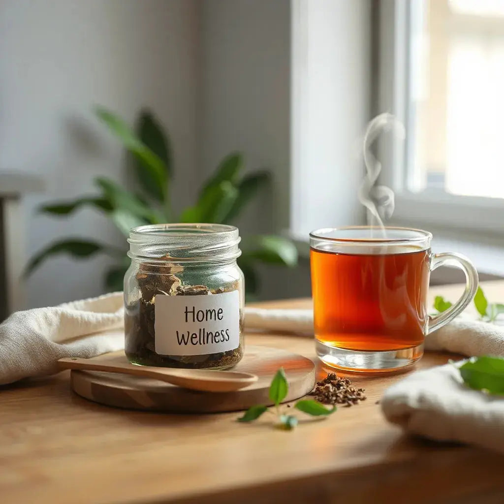 Calming herbal tea and natural supplement jar on a cozy sunlit table