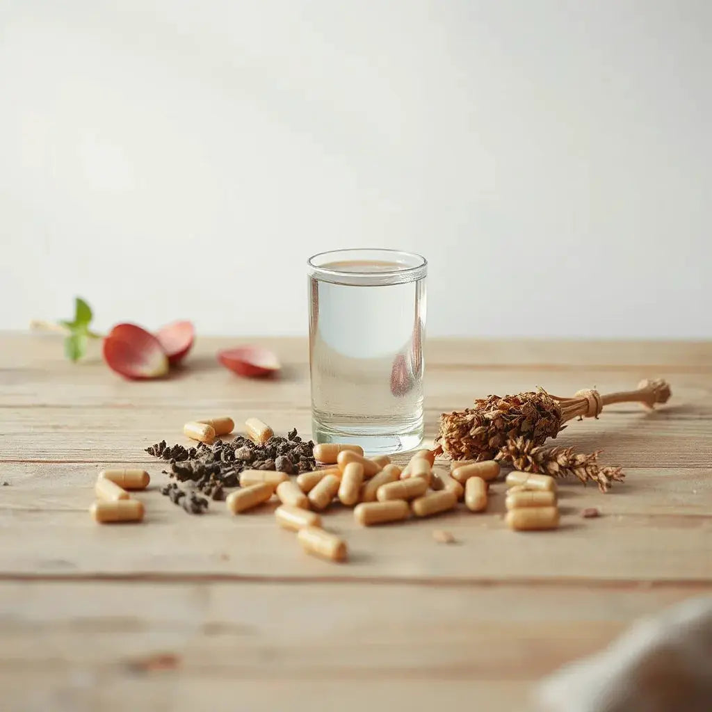 Herbal capsules and dried botanicals beside a glass of water on a clean wooden table
