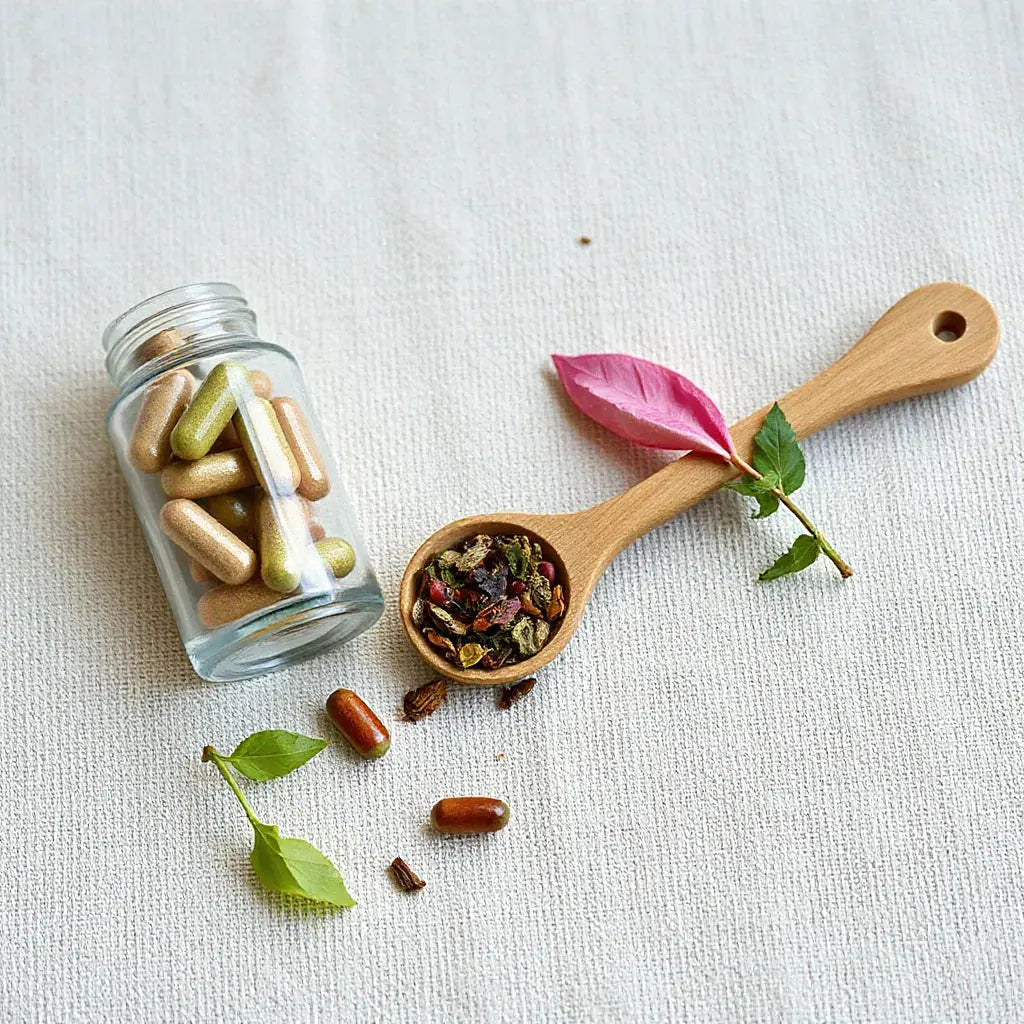 Herbal supplement bottle with dried heart-support herbs and capsules on a light linen background