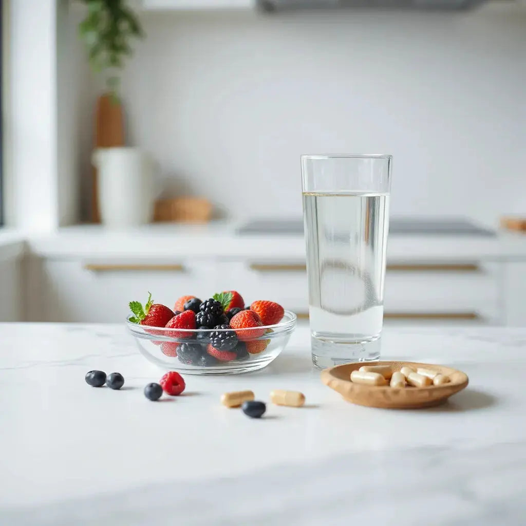 Minimal countertop scene with supplement capsules, water, and berries suggesting cellular wellness support