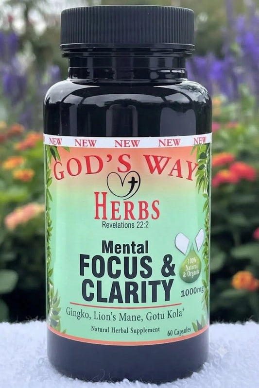 A bottle of God's Way Herbs 'Mental Focus & Clarity' dietary supplement, containing 1000mg of the herbal blend.