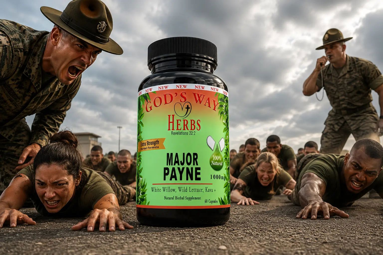 Soldiers crawling on the ground towards a bottle of Major Payne Herbal Supplement formula.
