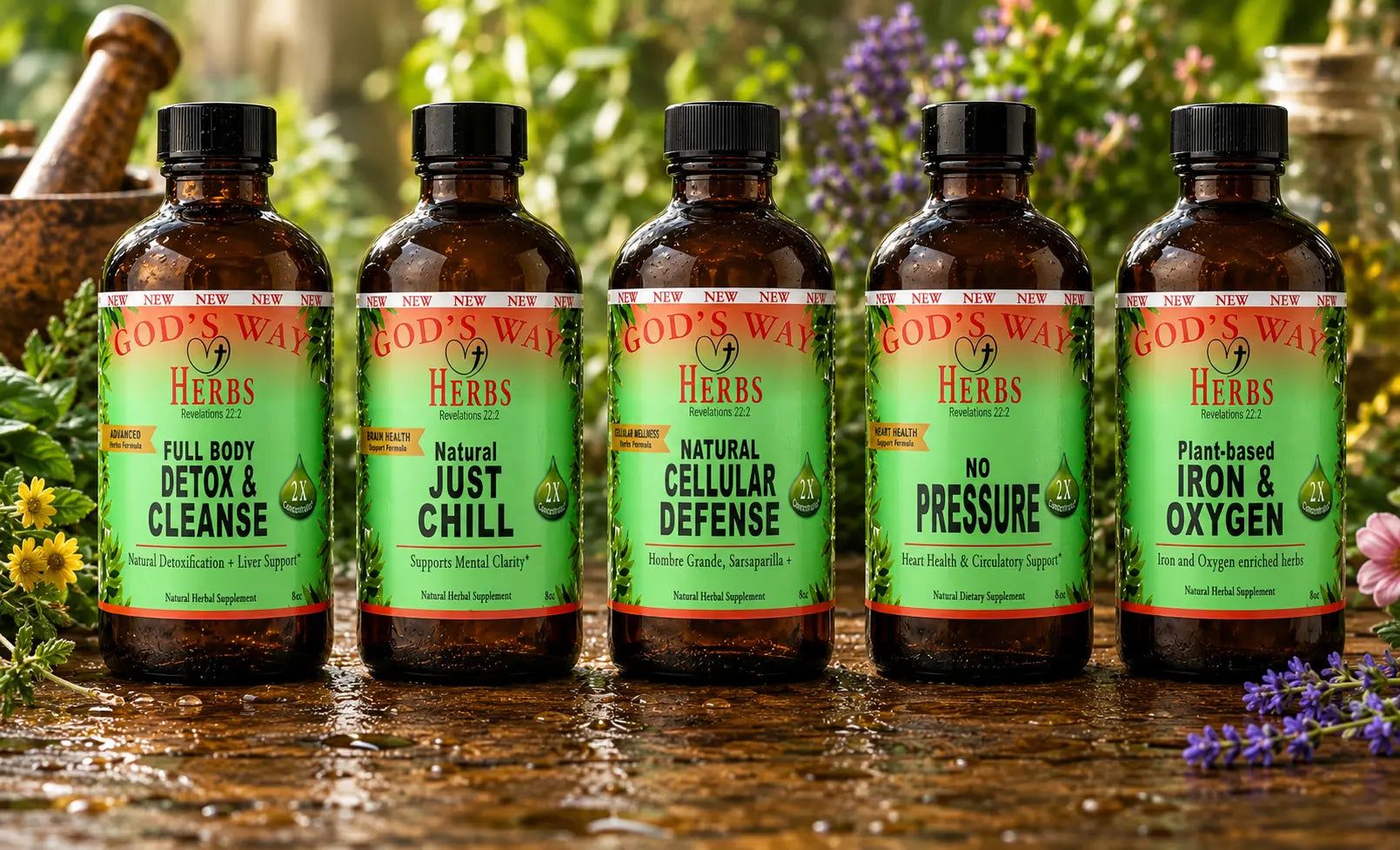 5 Herbal Tonics Package to include Iron and Nutrient Support, brain health support. heart health support, full body cleanse support, cellular wellness support