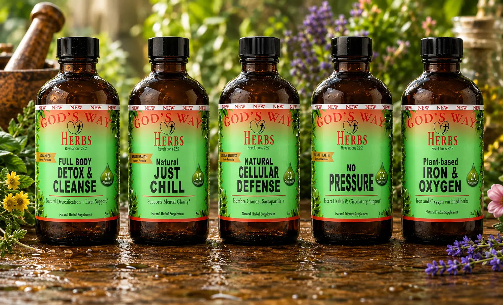 5 Herbal Tonics Package to include Iron and Nutrient Support, brain health support. heart health support, full body cleanse support, cellular wellness support