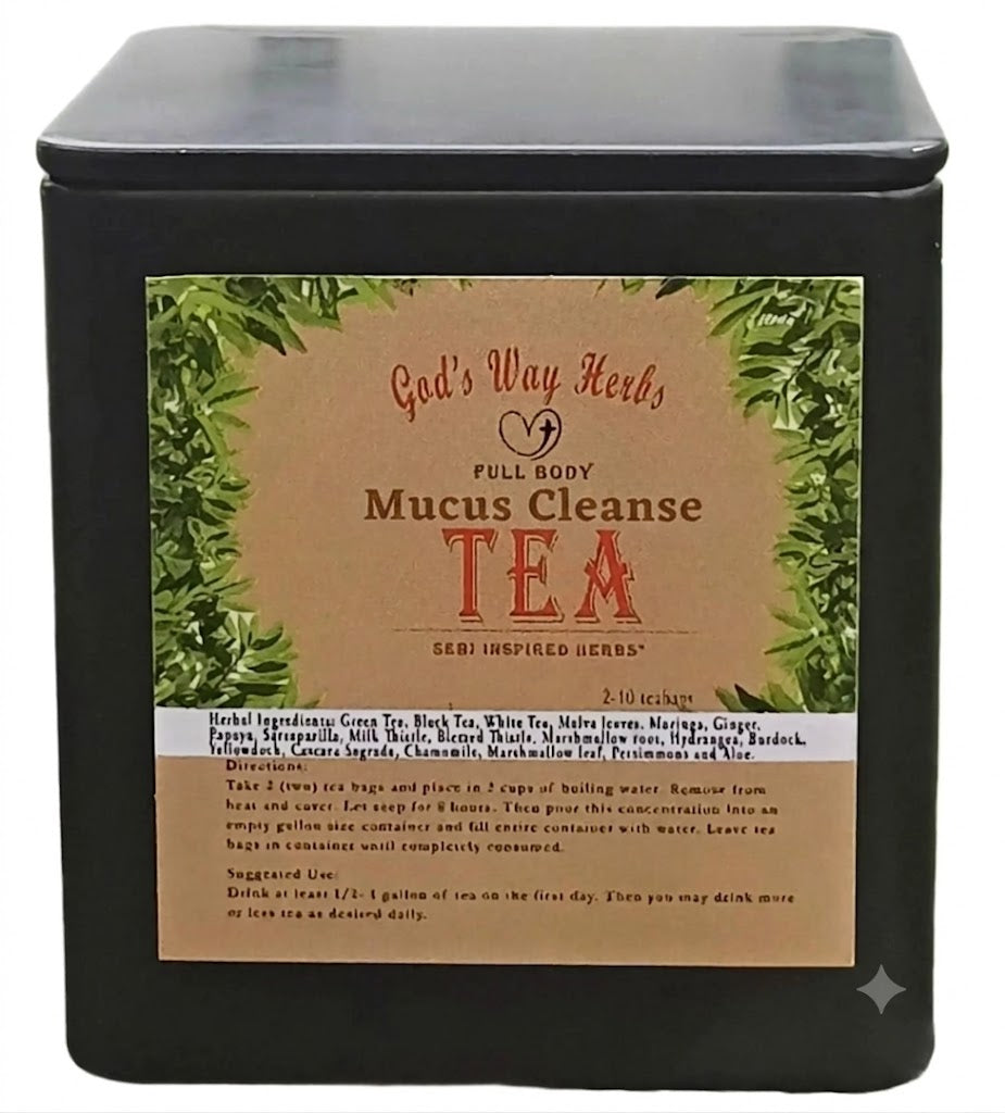 Black tin container of God's Way Herbs Mucus Cleanse herbal tea 