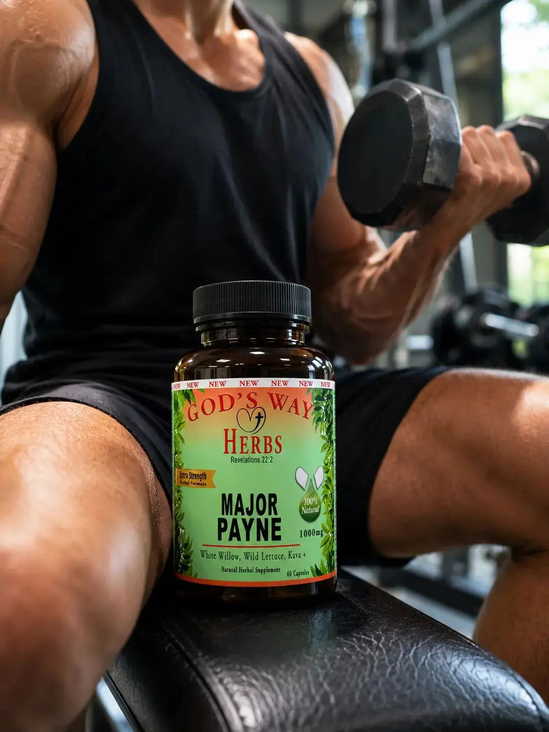 Person lifting weights with a bottle of God's Way Herbs Major Payne supplement in the foreground.