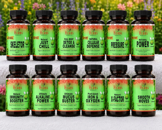 Herbal Supplements Wellness Package #4 by Gods Way Herbs includes 2 Full Body Detox & Purifier 60ct, 2 No Pressure 60ct heart health and digestion formula, 2 Herbal 911 60ct promotes cellular wellness and immunity, 2 Just Chill 60ct Calming Mood Support and Skeletor joint and mobility and thyroid health support