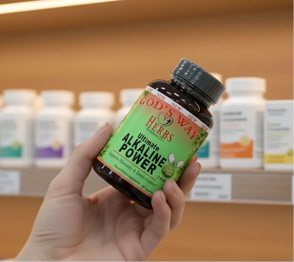 Alkaline detox supplement on the shelf at a pharmacy.