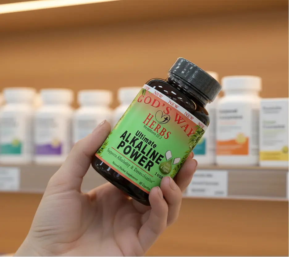 Alkaline detox supplement on the shelf at a pharmacy.