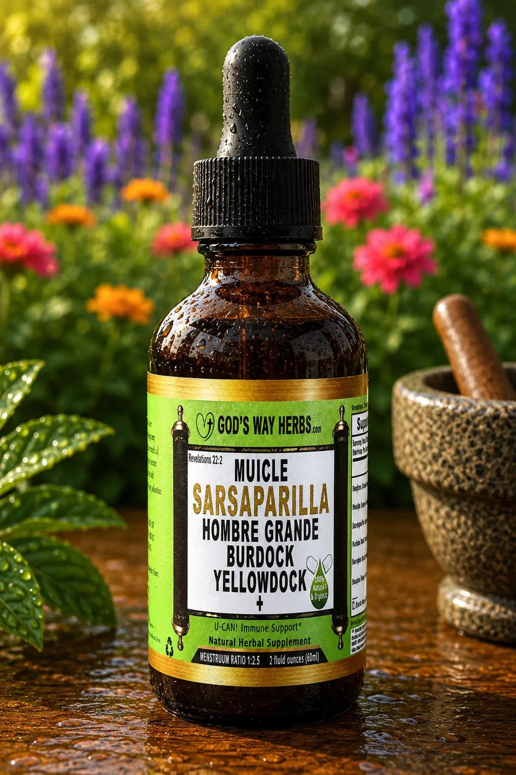 Bottle of herbal supplement for cellular defense and immunity support with a colorful floral background