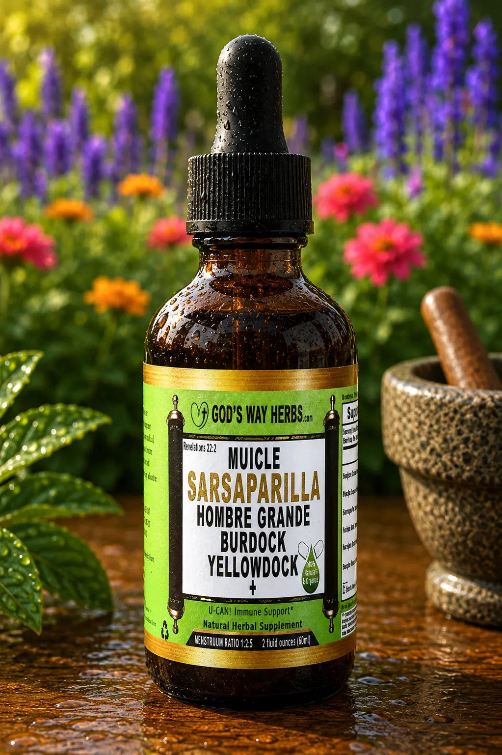 Bottle of herbal supplement for cellular defense and immunity support with a colorful floral background