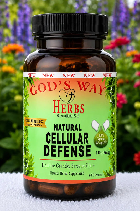 A bottle of Cellular Defense Herbal Support Supplement 60ct natural herbal supplement formula with muicle, sarsaparilla, hombre grande, quassia, yellowdock, burdock