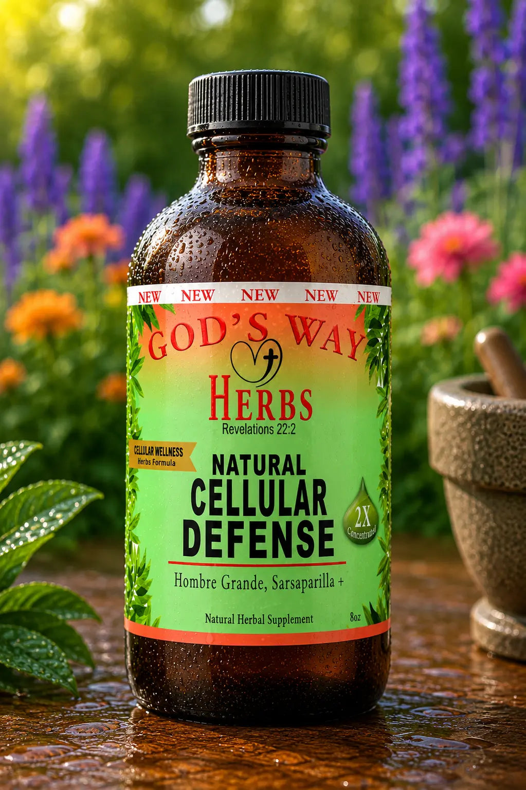 Bottle of 'God's Way Herbs' Natural Cellular Defense supplement with a garden background