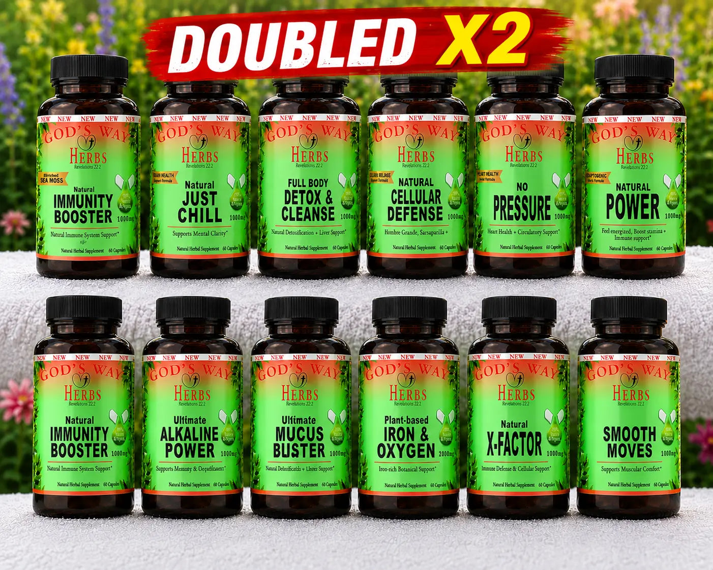 A picture of the Complete Wellness System: 24 Herbal Supplement formulas with 2 Full Body Detox & Purifier 60ct, 2 No Pressure 60ct heart health and digestion formula, 2 Herbal 911 60ct promotes cellular wellness and immunity, 2 Just Chill 60ct Calming Mood Support and Skeletor joint and mobility and thyroid health support