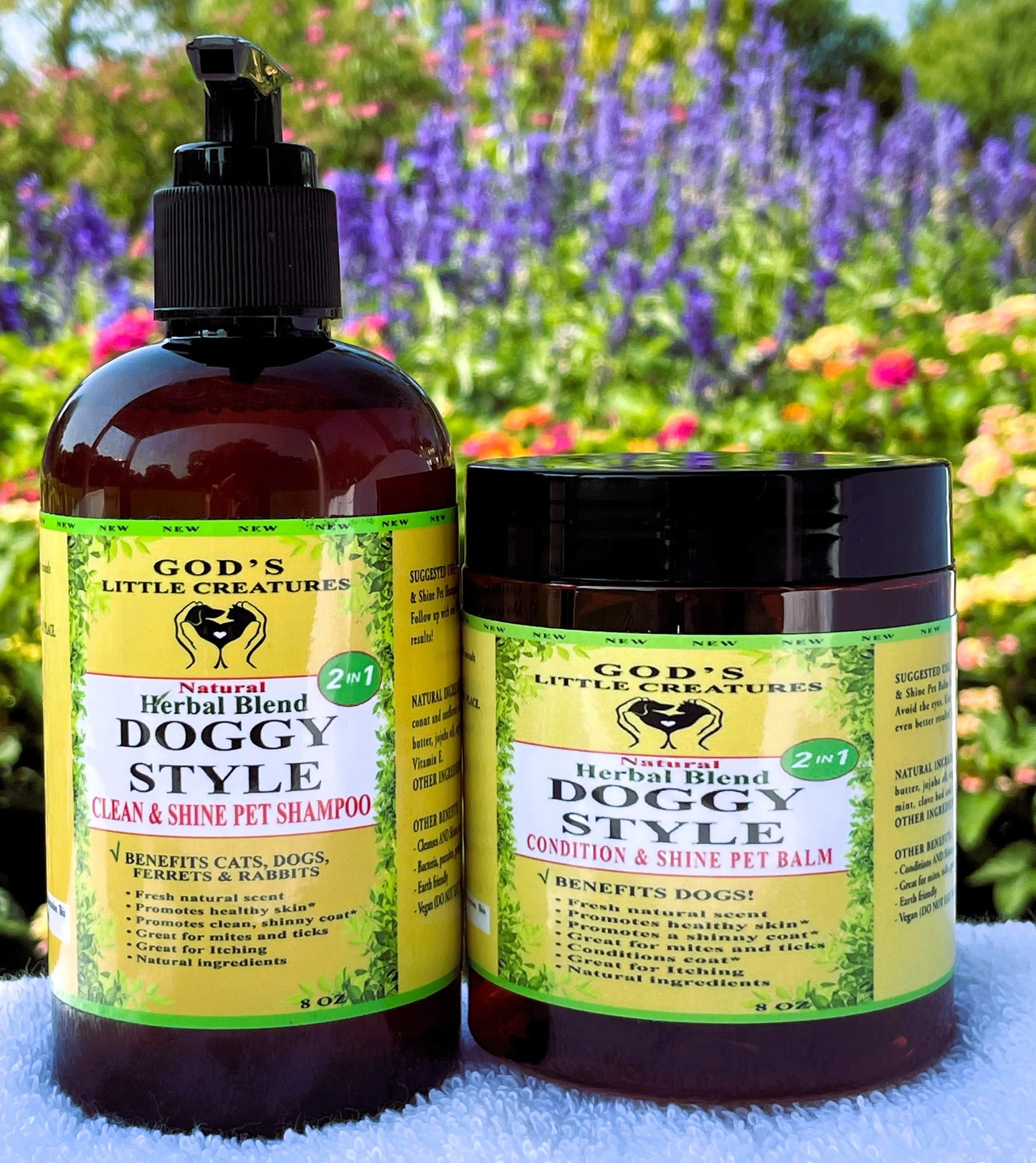 Herbal pet care bundle, natural pet shampoo and organic pet balm for shinny coat.