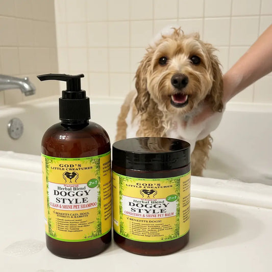 Organic dog shampoo and conditioning pet balm package with dog getting washed in tub.