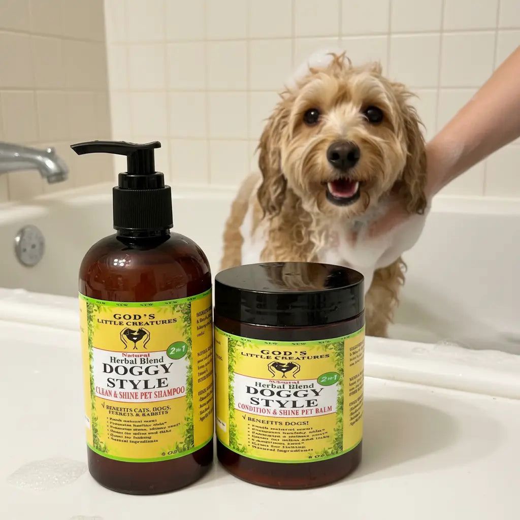 Organic dog shampoo and conditioning pet balm package with dog getting washed in tub.