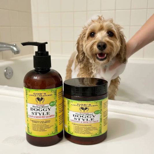 Organic dog shampoo and conditioning pet balm package with dog getting washed in tub.