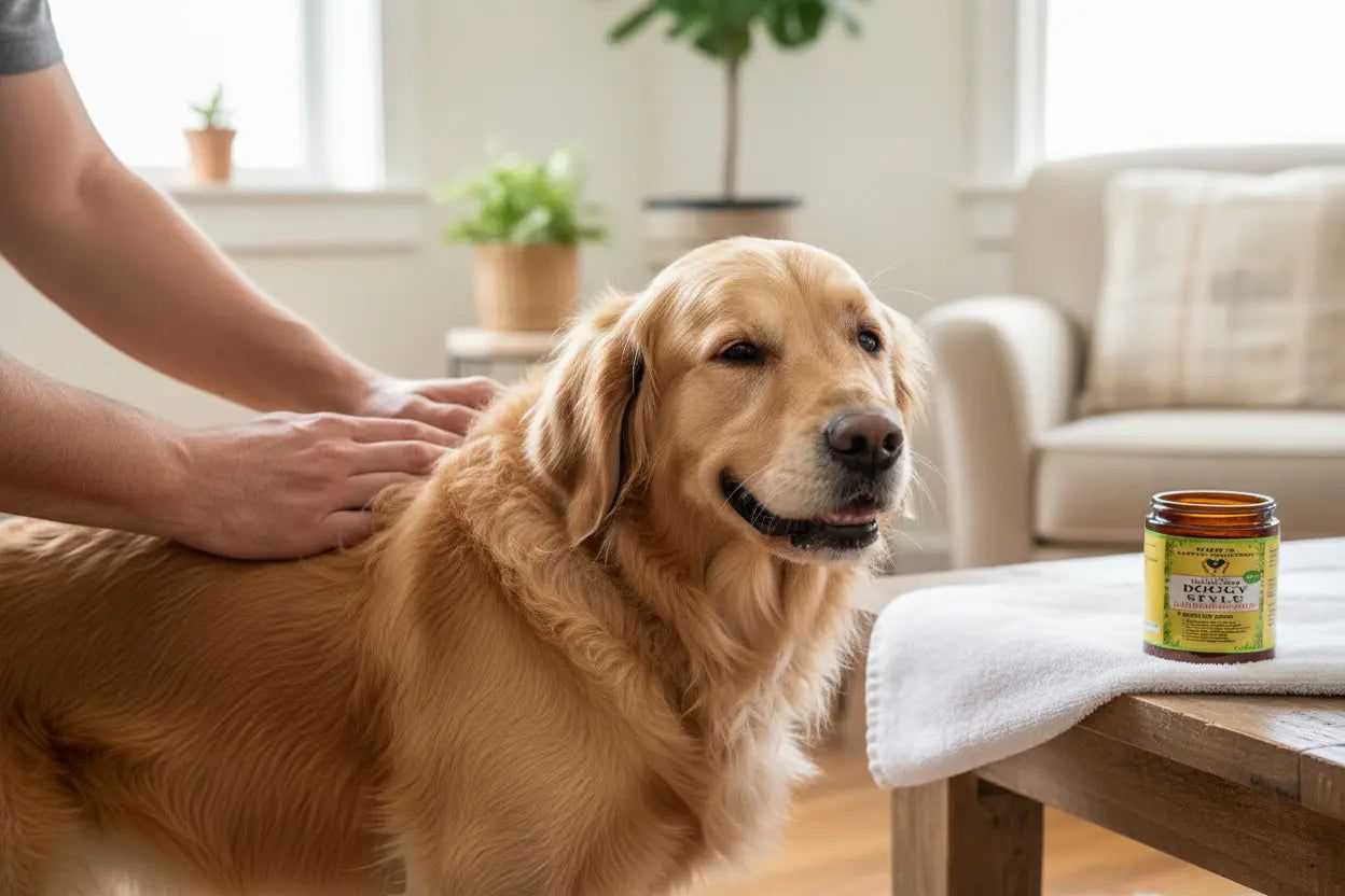 Organic herbal pet balm for dog's healthy-looking coat.