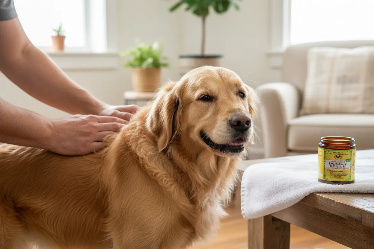 Organic herbal pet balm for dog's healthy-looking coat.