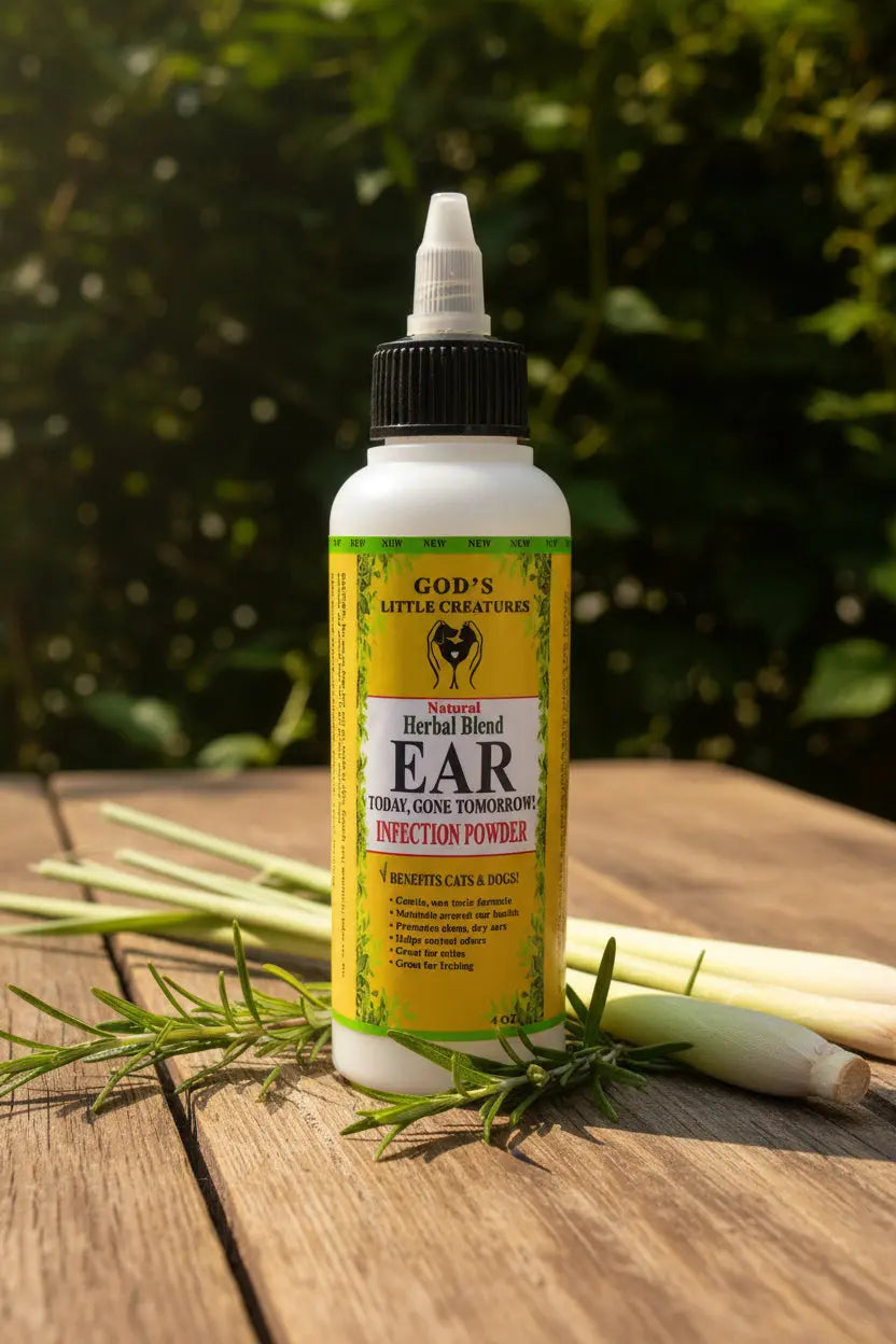 Ear Today Gone Tomorrow 4oz Natural herbal infection powder next to rosemary and lemongrass