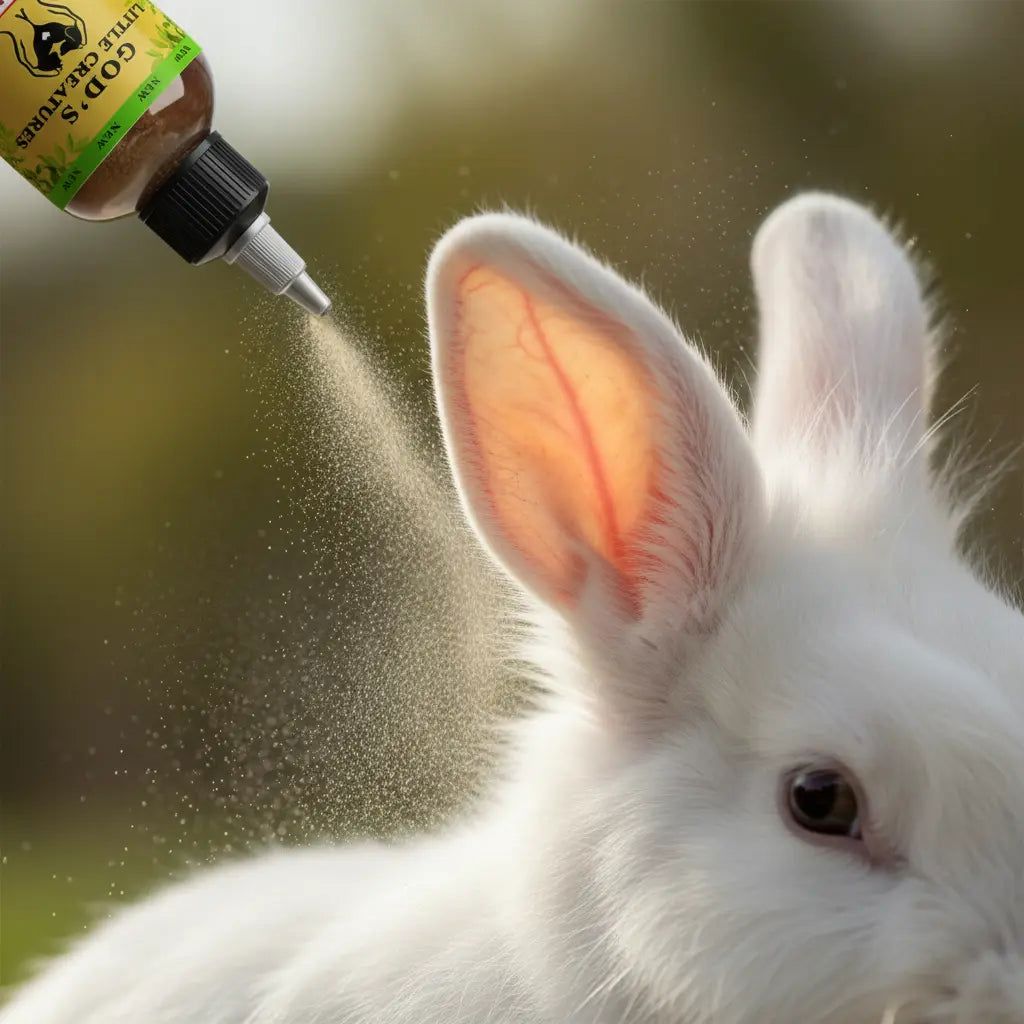 Ear Today Gone Tomorrow 4oz Natural herbal ear infection powder being sprinkled into rabbit's ear.