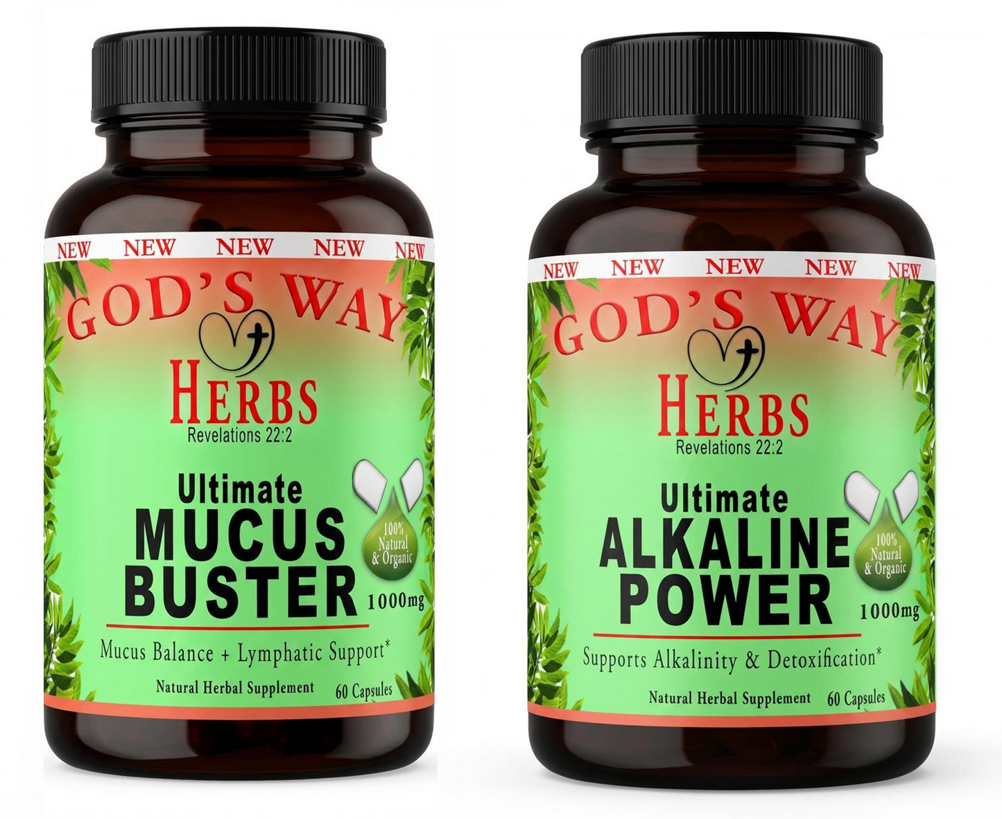 Natural Herbal Supplements Cleanse Duo- Mucus Buster (60ct), Alkaline Power (60ct) by God's Way Herbs, spirulina, chorella, milk thistle, bentonite, cascara segrada, burdock, hydrangea, linden flowers, more