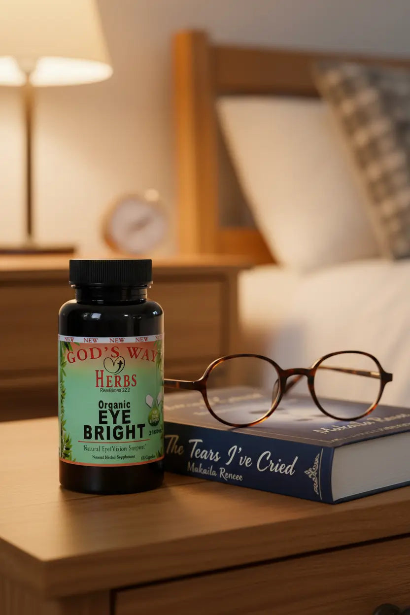 Eye Support Supplement on a nightstand next to a pair of glasses and a book titled, The Tears I've Cried by Makaila Renee