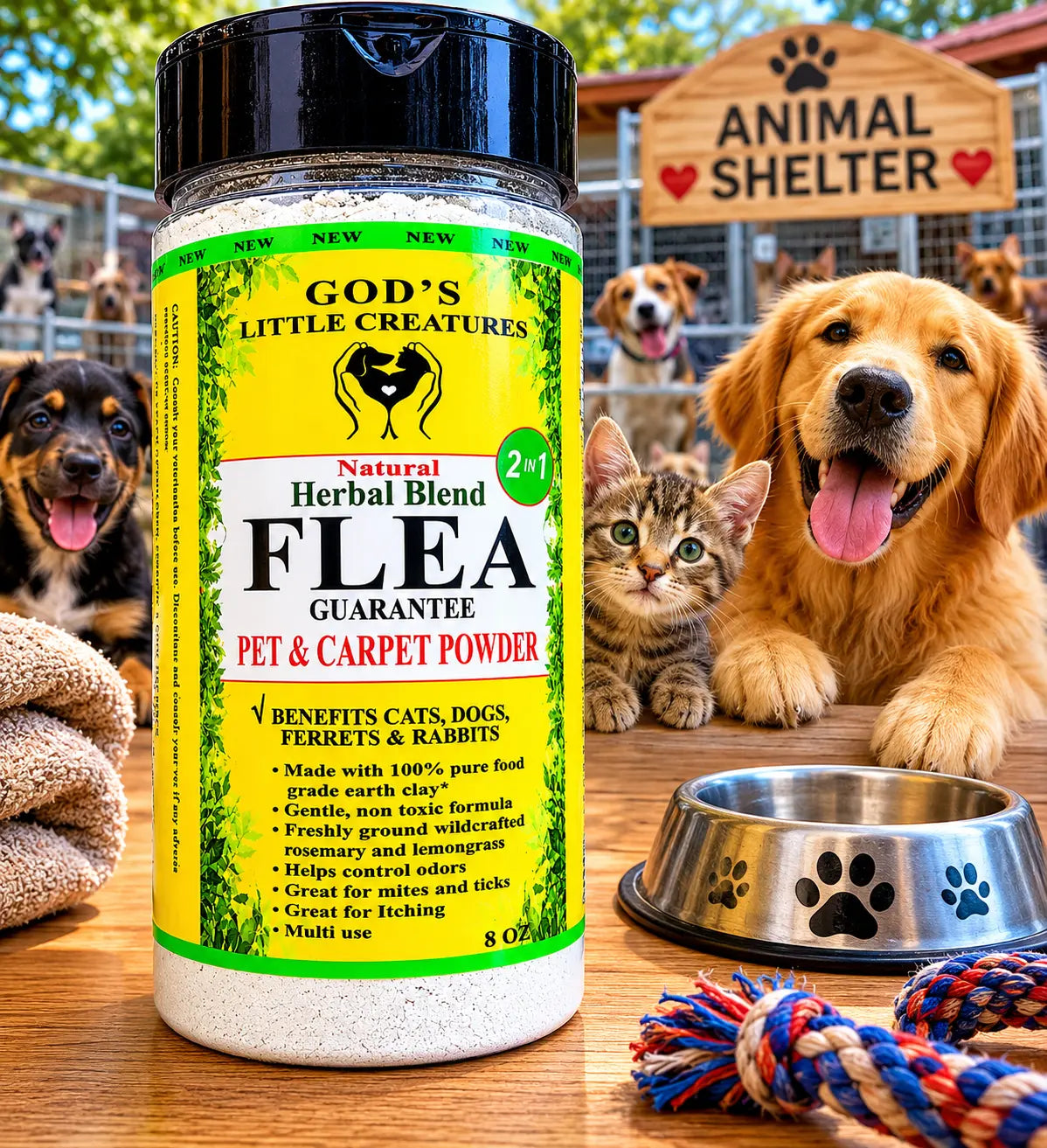 Natural pet flea powder at animal shelter.
