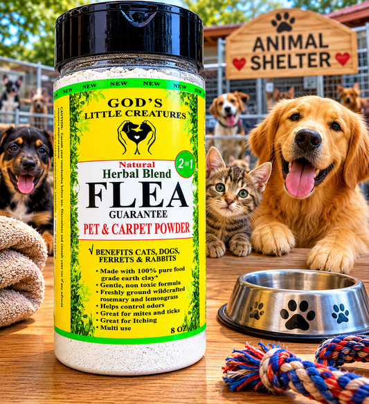 Natural pet flea powder at animal shelter.