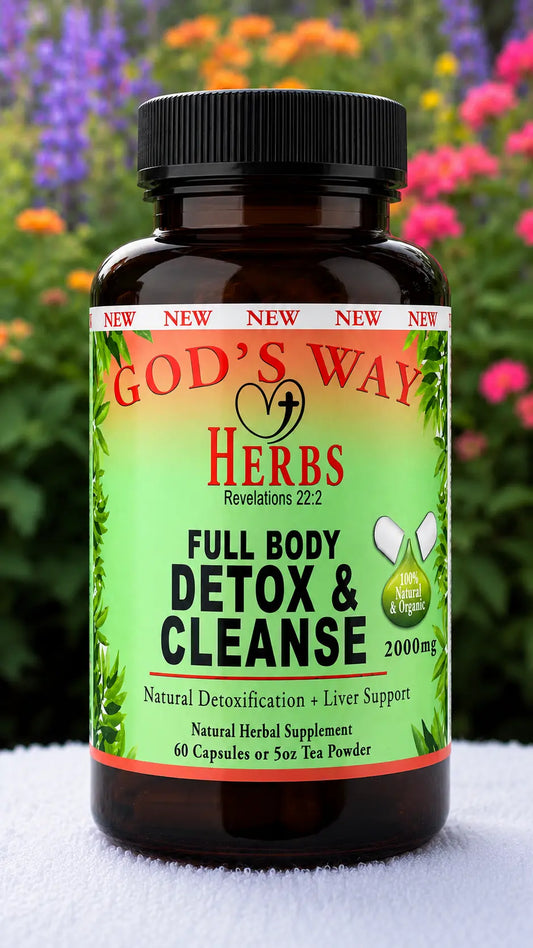 Natural Full Body Detox & Cleanse Herbal Supplement pill bottle with floral background.