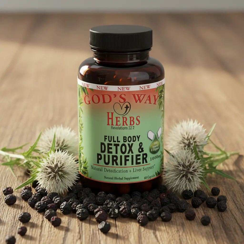 Full Body Detox Supplement God's Way Herbs with elderberries and herbs surrounding the pill bottle.