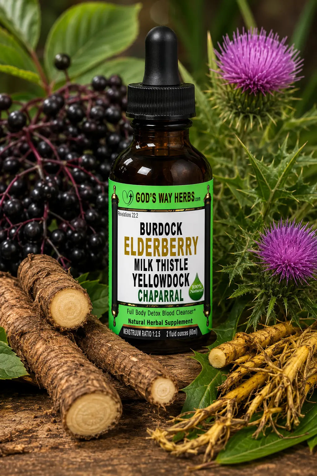 full body detox herbal tincture supplement with elderberry, burdock, yellowdock and milk thistle.